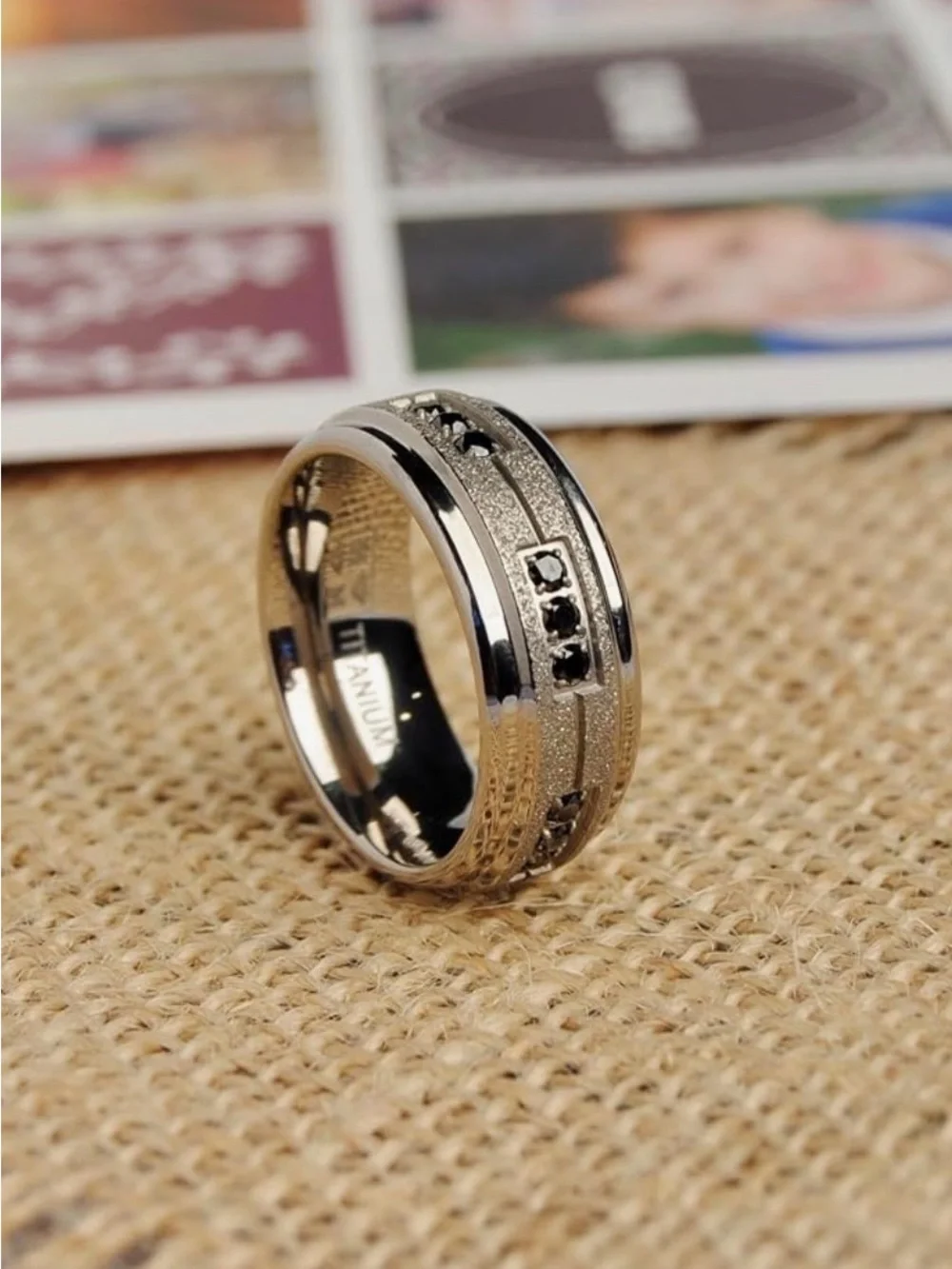 NWT-Men's Black Trinity Titanium 8mm Comfort Fit CZ Wedding Band,Shimmer Finish